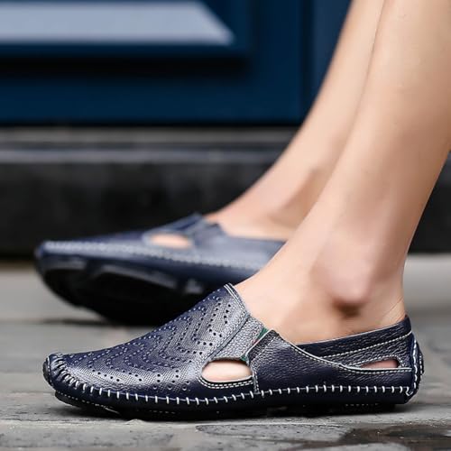 Image of Men's Breathable Summer Genuine Leather Sandal Perforated Casual Walking Driving Flats Shoes