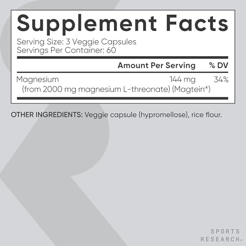 Image of Sports Research Magnesium L-Threonate 2000mg w /Magtein, 180 Count | 2000mg /144mg Elemental Mag per Serving - Brain & Sleep Support - Vegan, Non-GMO, Gluten Free
