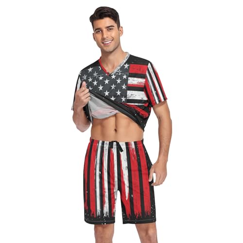 American Flag Men’s Pajama Sets Short Sleeve Lounge Wear with Elastic Waistband and Drawstring3