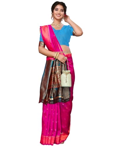 Image of Yashika Women's Cotton Silk Chandrakor Paithani Saree in Golden Zari Border, Saree with Crescent Moon Motifs and Peacock Design, Includes Unstitched Blouse Material