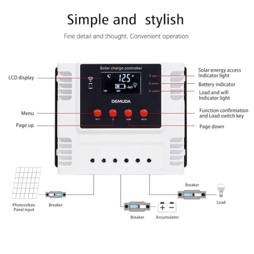 Image of amiciSmart WiFi Solar Charge Controller, Intelligent Lithium Battery Regulator for Solar Panel LCD Display with 5V USB Port 12V /24V /48V (40A)