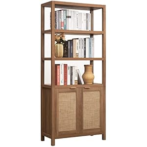 SICOTAS Bookshelf 5 Tier Rattan Boho Tall Bookcase with Doors Storage Wood Shelves Large Farmhouse Bookcases Library Book Case for Living Room Bedroom Home Office Kitchen (Oak)