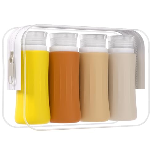 Image of DEPOZA 4 Pack Travel Size Toiletries Containers Sets - TSA Approved Leak Proof Silicone Travel Bottles with Label - BPA Free for Shampoo, Conditioner, Lotion, Soap Travel Essential Accessories