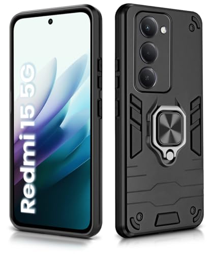 Image of WOW IMAGINE Shock Proof Back Case Mobile Cover for Mi Redmi 15 5G | Back Cover Case (Tough Armor | Hybrid PC + TPU | Ring Holder & in-Built Kickstand | Black)