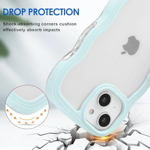 Image of GoldKart iPhone 13 /14 Case Wavy Edge Clear Back Design, Anti-Slip Grip Cute Wave Curly Frame Shape Shockproof Soft TPU & Hard PC Bumper Protective Phone Case Cover for Women Girls - Light Blue