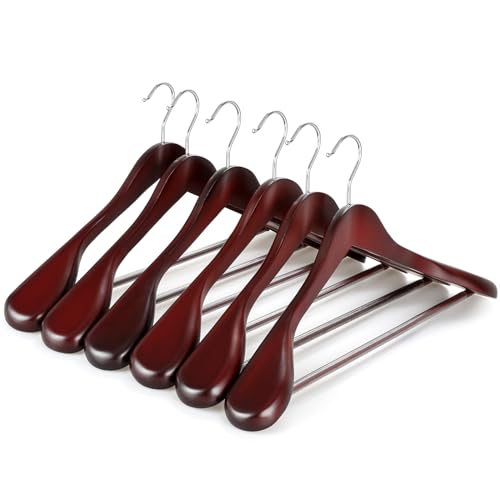 TOPIA HANGER Wide Shoulder Wooden Hangers, Suit Hangers with Non Slip Pants Bar & 360° Swivel Hook, Solid Wood Heavy Duty Coat Hanger, 6 Pack (Matte Cherry)-CT02C
