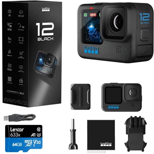 GoPro HERO12 �u���b�N - �h���A�N�V�����J���� 5.3K60 Ultra HD�r�f�I�A27MP�ʐ^�AHDR�A���C�u�X�g���[�~���O�A�E�F�u�J�����A���艻+�o���h���A64GB�J�[�h��47�s�[�X�A�N�Z�T���[�L�b�g�B