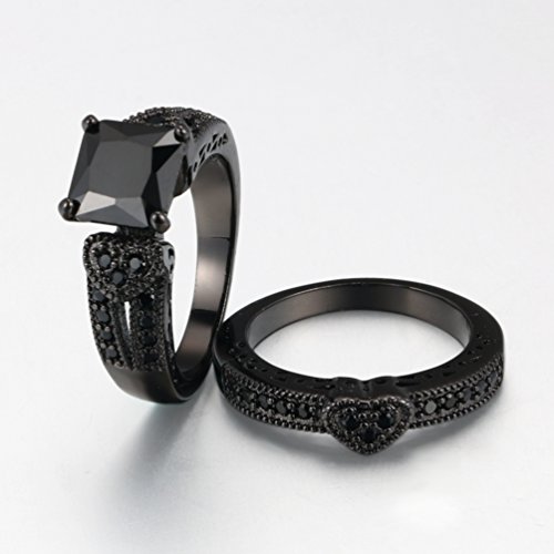 Fendina Womens Vintage Luxurious Black Gold Plated Wedding Engagement Rings Nano Cubic Zirconia Anniversary Promise Rings Set, Size 7 #TOP4