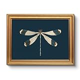 Vintage Gold Framed Dragonfly Wall Art 12x16 Inch, Classic Dark Blue Minimalist Insect Illustration Canvas Print, Retro Nature Botanical Artwork Study Bedroom Office Rustic Modern Home Décor