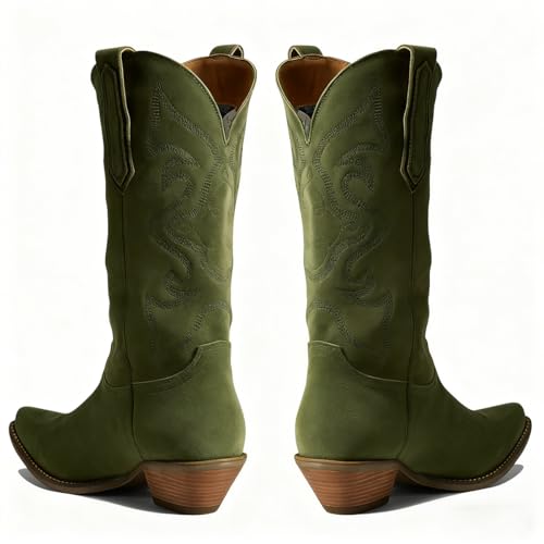 Image of LEHOOR Cowboy Boots Women Embroidered Mid Calf Western Boots Stacked Low Heel Pointed Toe Pull On Cowgirl Boot 4-11 M US