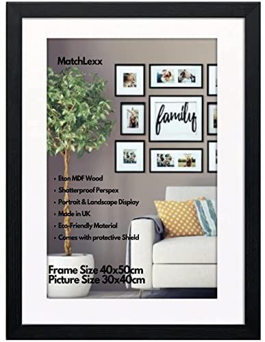 MatchLexx® Large Wide Black | 40 x 50cm Poster Frame With White Mount 30x40cm | Stable & Sturdy Wooden Picture Frame & Polished Plexiglass | Horizontal & Vertical Format