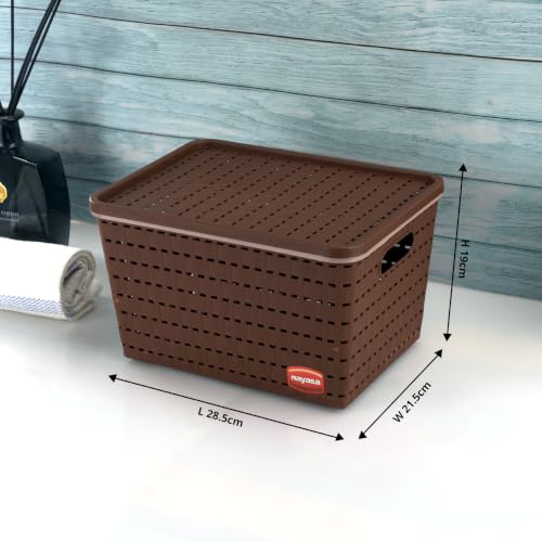 Image of Nayasa Gloria Basket for Storage | Vegetable & Fruit Basket | Storage Box and Organiser Plastic Basket With Lid | Multipurpose Kitchen Organizer Rack | Medium - Set of 3 | DarkBrown