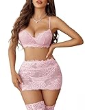 Avidlove Pink Lingerie for Women Lace Garter Lingerie Set 3 Piece Teddy Babydoll Strappy Bra And Panty Set (No Stockings)(Pink,S)