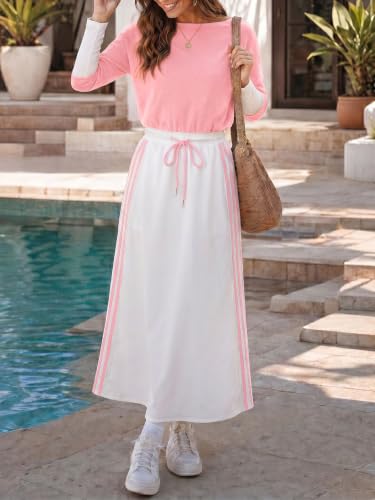 Fisoew Womens Casual Dresses Long Sleeve Oversized Sweatshirt Patchwork Drawstring Waist Color Block Loose A Line Maxi Dress Pink — view 4