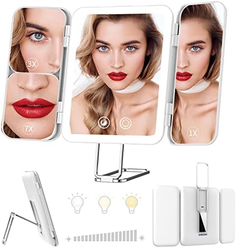TOUCHFEEL Travel Makeup Mirror with Light, Rechargeable 1X/3X/7X Magnifying Lighted Vanity Compact Mirror with 72 LED, Portable LED Makeup Mirror with 3 Color Lights and Touch Sensor Design (White)
