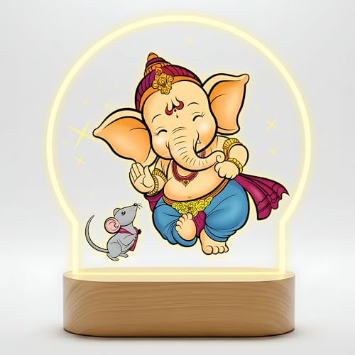 Image of Giftplease Lord Ganesha LED Night Light - Warm Glow Decorative Table Lamp - Divine Bal Ganesha & Mooshak Design for Pooja Room, Office Desk, and Home Decor GL 01
