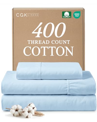 Twin XL 3 Piece Cotton Sheet Set - 400 Thread Count Sateen - Light Blue