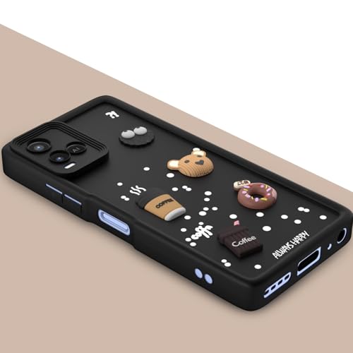 Image of Bintage Cute Fun Taddy Cartoon 3D Ball Bear Milk Donut Coffee Cup Silicon Case Full Body & Camera Protection Back Cover Compatible for Vivo Y21T (2021) - Black