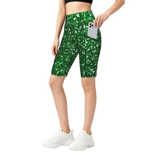Short de yoga pour femme vert à paillettes avec poches taille haute