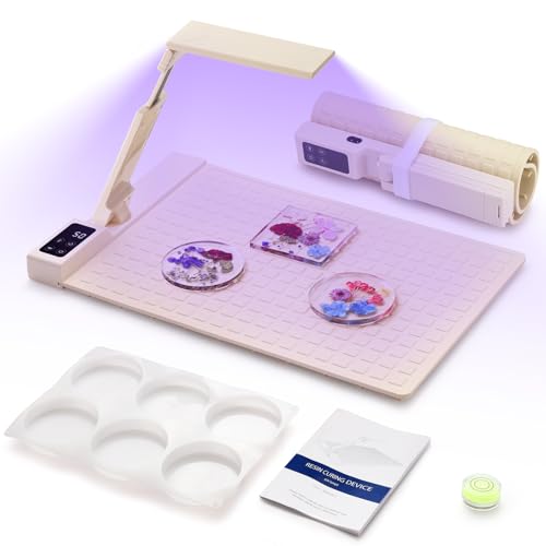 2-in-1 Resin Heating Mat&Adjustable UV Light with Silicone Coaster Mold+Leveling Instrument Silicone Foldable Heating Pad for Fast Curing Epoxy Molds with Smart Timer & Temp Control(Including Molds)