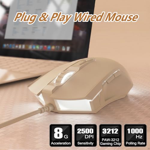 Image of Lomiluskr AJ52 RGB Wired Gaming Mouse, 7 Programmable Buttons, Computer Mice with RGB Lighting, 200-4800 DPI Adjustable, for PC /Laptop (Milk Tea)