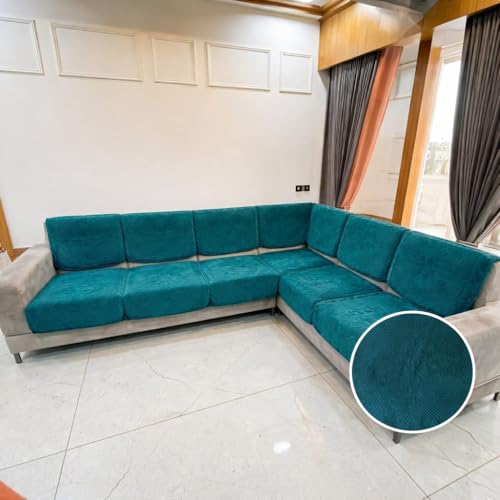 Image of BLUSH & BLOOM Velvet Embroidered Print L Shape 7 Seater for Living Room - Sofa Slip Covers for Home - Premium Furniture Protector Panels for Sofa, Pack of 14 Piece (Teal Green 1)