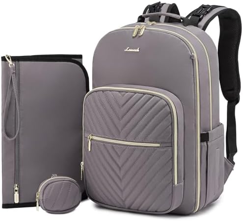 LOVEVOOK Diaper Bag Backpack, Quilted Baby Bag with Changing Pad & Pacifier Holder, Waterproof Travel Diaper Bags for Baby Boys Girls, Stylish and Large Capacity, Purple Grey