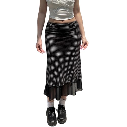 Women's Polka Dot Midi Skirt Vintage Elegant Mesh Stretch Low Waist Double Layered Pencil Long Skirts