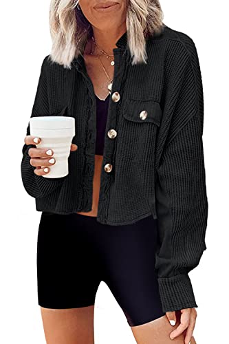 Image of Panadila Women's Cropped Waffle Knit Shacket Short Button Down Jacket Batwing Sleeve Shirts with Pocket