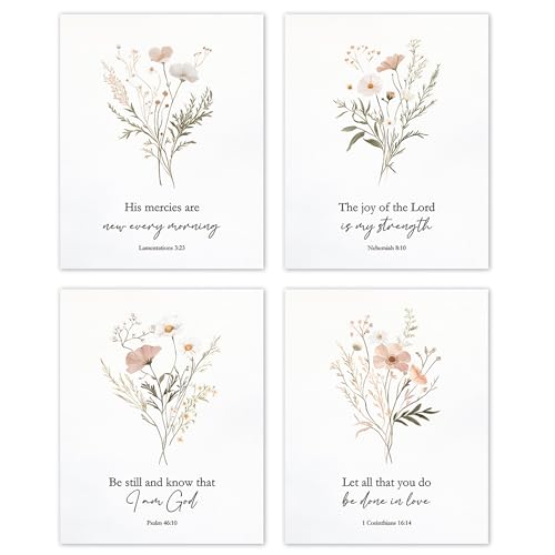 TLESKE Floral Botanical Christian Bible Verse Posters Prints Unframed 8x10 Set of 4, Spring Fall Flower Scripture Wall Art Prints Decor for Bedroom Living Room, Aesthetic Wildflower Wall Pictures