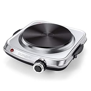 SUNAVO 1500W Hot Plates for Cooking, Electric Single Burner with Handles, 6 Power Levels Stainless Steel Hot Plate for Kitchen Camping RV and More Silver