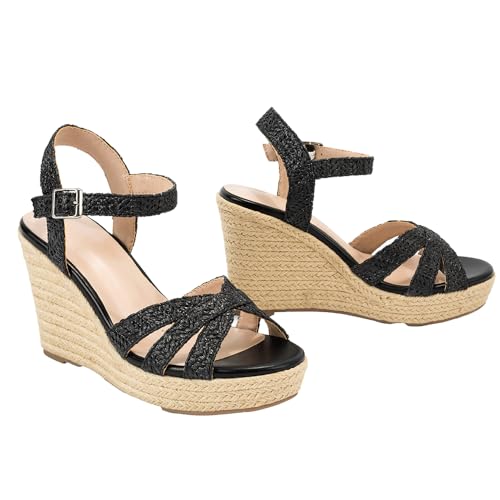 Image of Women's Wedge Platform Sandals - Stylish Raffia Woven Espadrilles Summer Sandals Women's Open Toe Buckle Ankle Wedge Heels