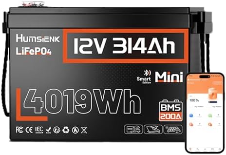 HumsiENK 12V 300Ah (314Ah) LiFePO4 Lithium Battery Mini Size, Bluetooth 200A BMS, 15000+ Deep Cycles, Low-Temp Protection – for RV, Marine, Solar, Off-Grid, Home Backup (Compact & Lightweight)
