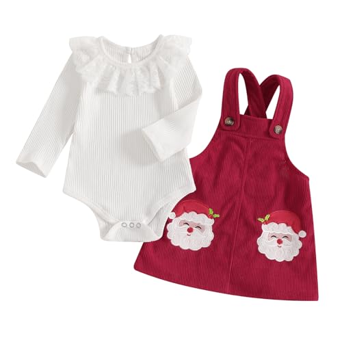 Doisbetthsay My First Christmas Baby Girl Outfit Long Sleeve Romper + Suspender Skirt Toddler Newborn Baby Santa Outfit (White G, 6-12 Months)