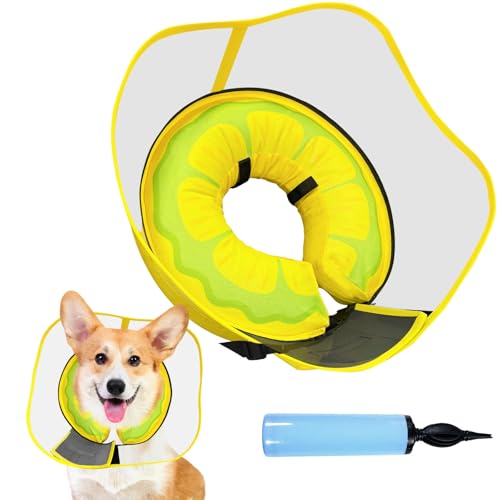 Image of Inflatable Dog Cone, Soft Dog Cone After Surgery, for M M+ L XL Dogs, with Detachable Anti Licking Shield and Inflator, 2 in 1 Adjustable Alternative, Does Not Block Vision, Lemon and Wave Style, M+