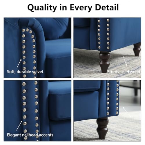 Image of Sofa and Loveseat Set, Microfiber Living Room Set with Wood Legs, 3 Piece Living Room Furniture, Modern 3-Seater Sofa + 2-Seater Loveseat + Accent Chair Sets, for Home Office, Blue