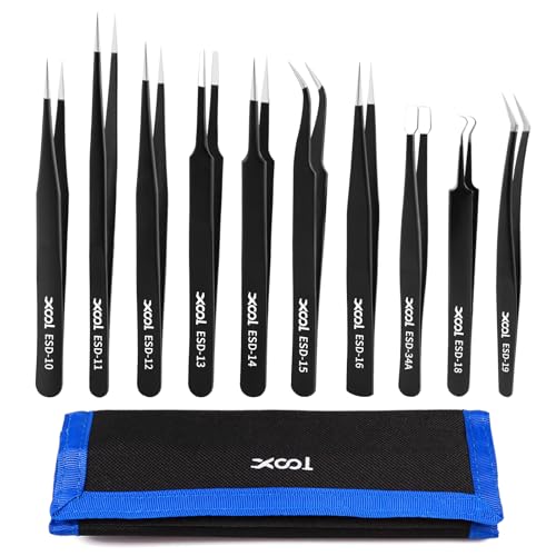 XOOL 10本精密ピンセット 極細 ESD静電防止 ステンレス製 時計、模型制作、宝石セッティング、?子?修用ピンセット 収納袋付き