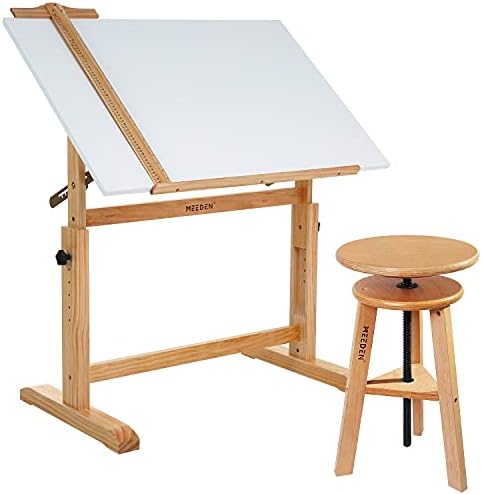 MEEDEN White Board Wood Drafting Table,Art Craft desk with Height Adjustable & Tilted Large Surface Tabletop,Drawing desk and Hobby table,Sketching table for Writing,Studying,Reading, Art working