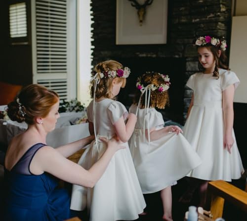 Satin Flower Girl Dress Knee-Length Kid's Party Dresses Cute Short Sleeves Girls Pageant Dress with Bow-Knot3