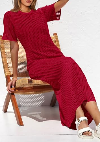Image of PRETTYGARDEN Womens Eyelet Crochet Maxi 2 Piece Dress Sets | Knit Mesh Layered Two-Piece Dress, Short Sleeve Crew Neck Cover Up With Slip, Summer Resort Vacation Beach Hollow Out Dresses
