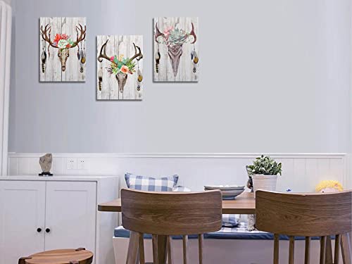 Arjun Deer Feather Wall Art Canvas Antler Skull Picture Indian Rustic Succulent Botanical Plant Garland Painting Farmhouse Flower Artwork Framed For Bathroom Bedroom Living Room Home Office Wall Decor #TOP3