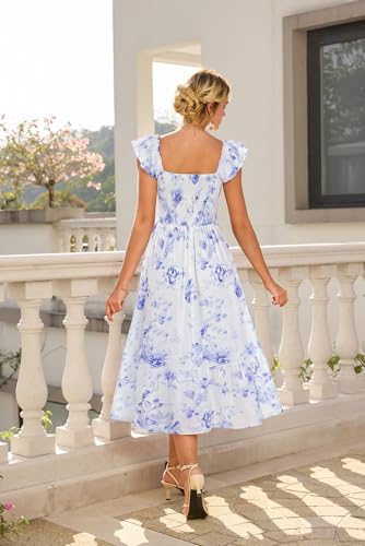 Image of GRACE KARIN Women's Summer Floral Maxi Dress 2026 Ruffle Sleeve Smocked Sundress Flowy Wedding Guest Long Dresses with Pocket