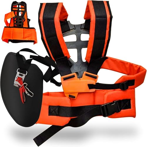 Universal Adjustable Double Shoulder Strimmer Harness - Nylon Strap with Quick Release for Brush Cutter Garden StrimmerPetrol Strimmer & Lawn Mower -Orange