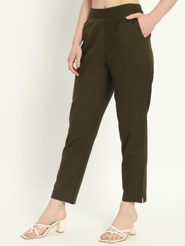 Image of Women's Solid Straight Fit 100% Cotton Trousers | High Waist, Side Pockets, Ankle Length Pants for Office, Casual