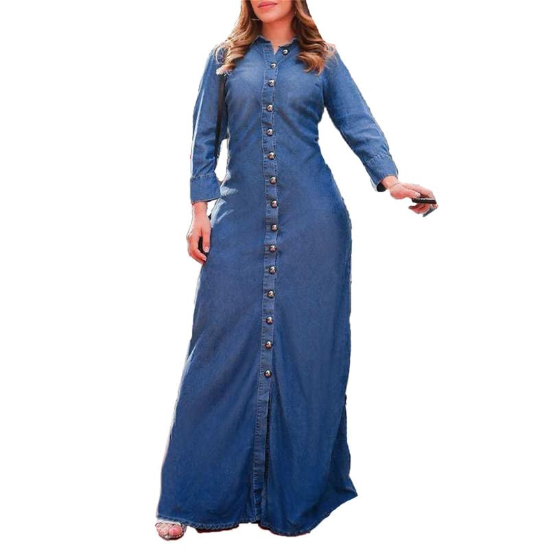 Maxi Denim Kleid Langarm -Knopf Jeans Hemd Kleid Damen Long Swing Denim Hemd Kleid von Frauen