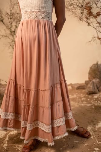 Image of LABEL REYYA Women's Rayon Printed Maxi Dress Stylish Pink Crochet Dress Sweatheart Neck Adjustable Straps Casual Western Fit & Flared Dresses for Ladies Outfits One Piece Bohemian Dress for Girls