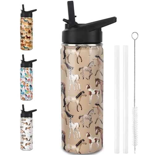 S With Straw, 18 Oz Insulated Stainless Steel Tumbler Cup Mug Horse Gifts For Women Girls Horse Lovers