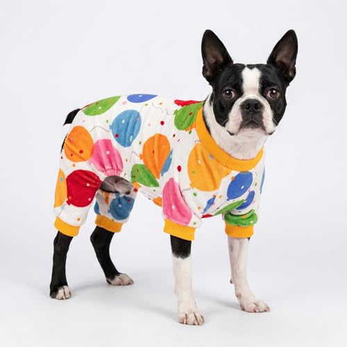 Image of Fitwarm Balloon Dog Fleece Pajamas, Birthday Outfit for Small Dogs Boy Girl, Cozy Pet Onesie with Feet, White, Yellow, Red, Blue, Green, Medium
