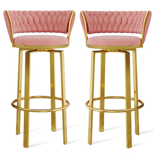 Juego de 4 taburetes giratorios de terciopelo de 360°, parte trasera abierta con diseño tejido, reposapiés dorado, elegantes sillas de comedor para isla de cocina y pub