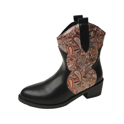 Botines de mujer de gran tamaño moda Patchwork cuero punta puntiaguda tacón cuadrado vaquero botas cortas vintage chic tendencia ligera antideslizante zapatos para mujer, marrón, 36 EU
